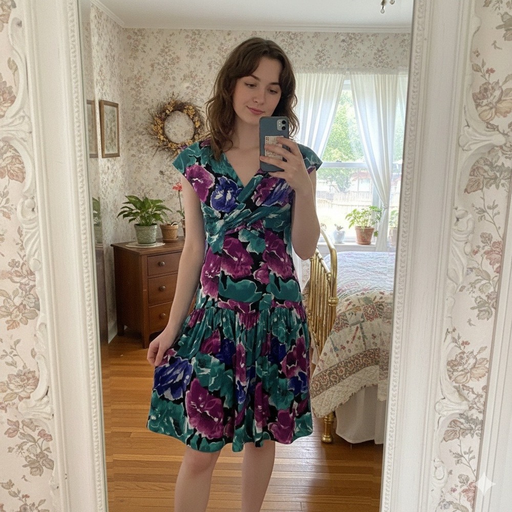 All That Jazz Vintage 80s Floral Cap Sleeve Fit Flare Dress Teal Purple Size 7/8